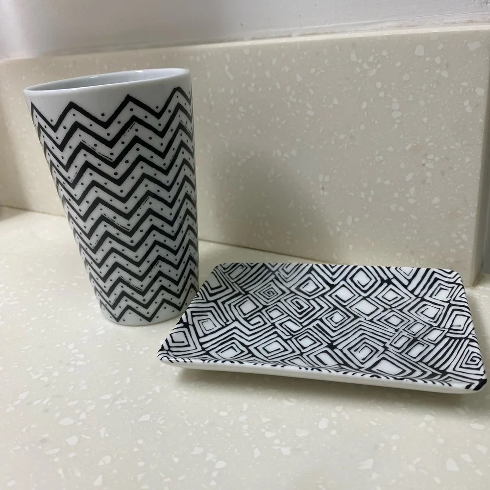 West Elm Black and White Geometric Small Cup and Plate Set